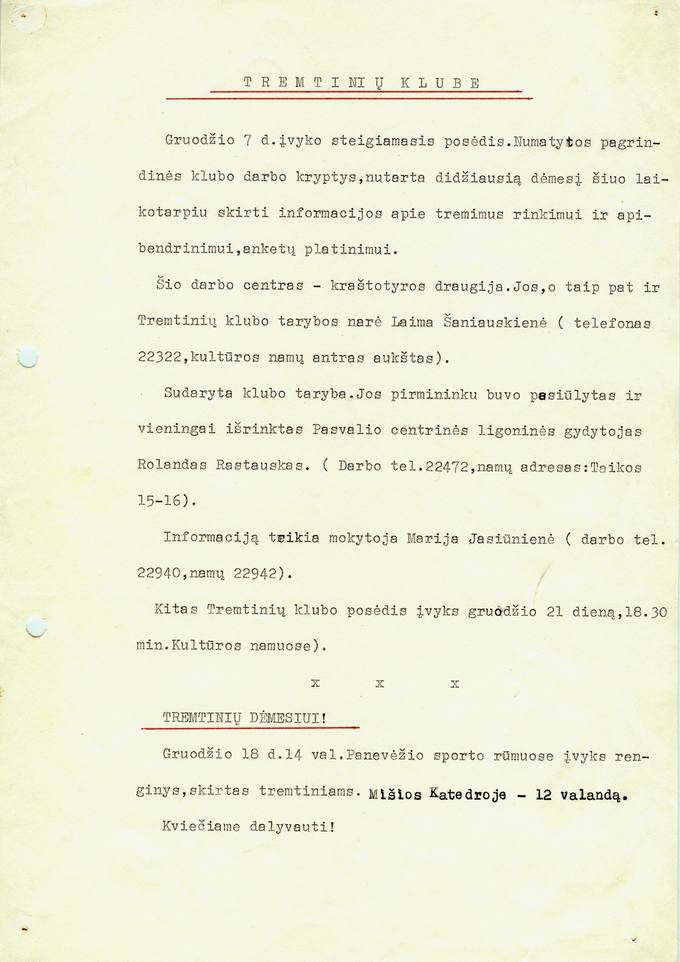 Informacija apie 1988 m. gruodžio 7 d. įvykusį Pasvalio tremtinių klubo steigiamąjį posėdį